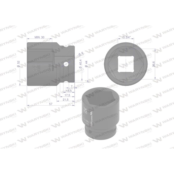 Nasadka udarowa sześciokątna 3/4". 36 mm. WMU076 | Exvi