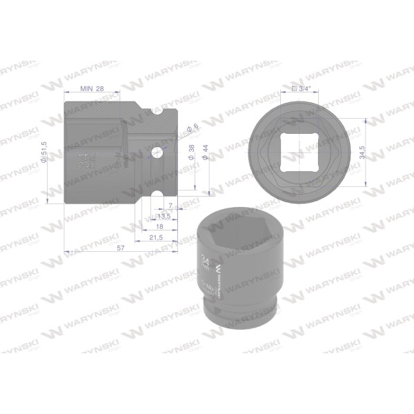 Nasadka udarowa sześciokątna 3/4". 34 mm. WMU074 | Exvi