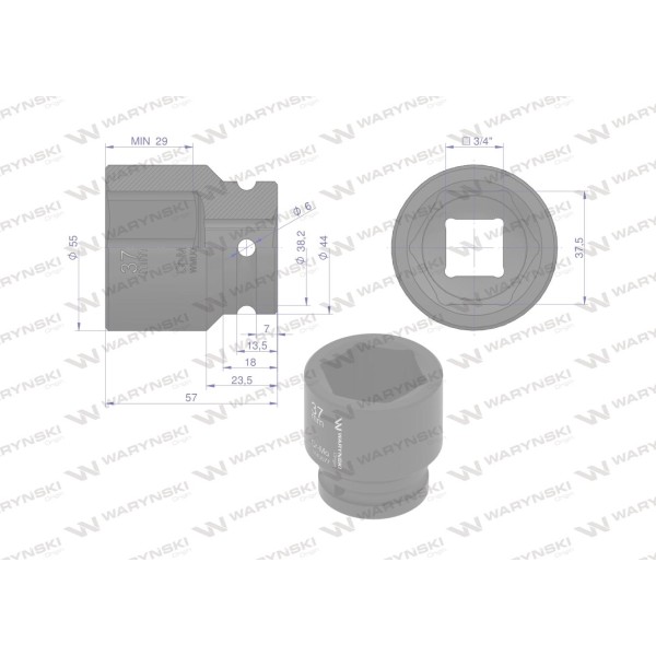 Nasadka udarowa sześciokątna 3/4". 37 mm. WMU077 | Exvi