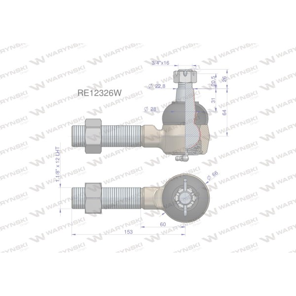 Przegub kierowniczy 153mm - 1 1/8"L RE12326 RE12326W | Exvi