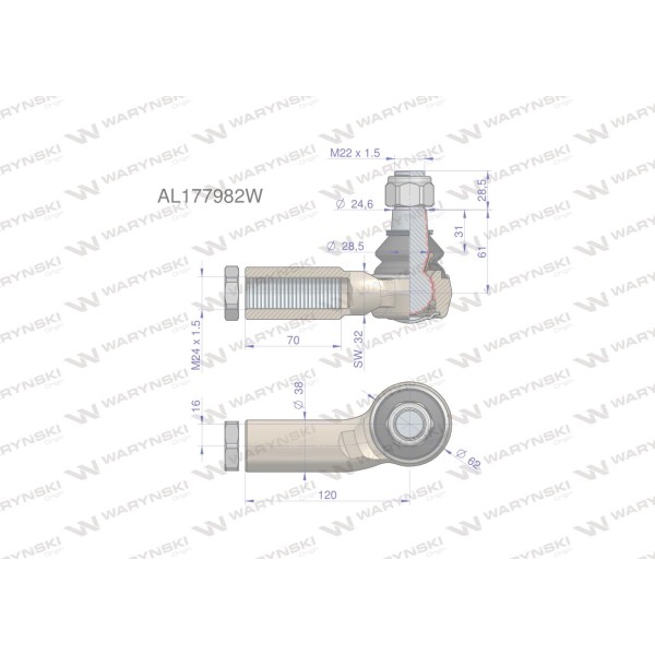 Przegub kierowniczy prawy 120mm - M24x1,5 AL177982W | Exvi