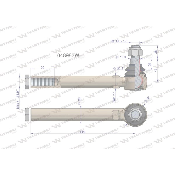 Przegub kierowniczy M18x1.5L 048982 WARYŃSKI 048982W | Exvi