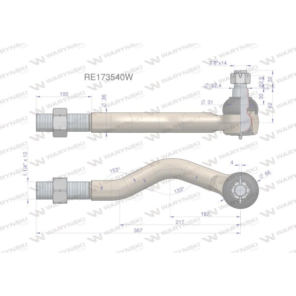 Przegub kierowniczy prawy 367mm - 1 1/4" RE173540W | Exvi