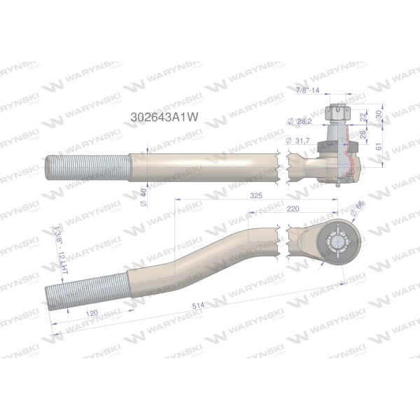 Przegub kierowniczy lewy 514mm- 1 3/8" 302643A1W | Exvi