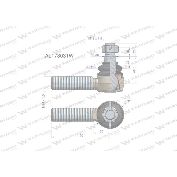 Przegub kierowniczy 106mm - M24x1,5 AL178031W | Exvi
