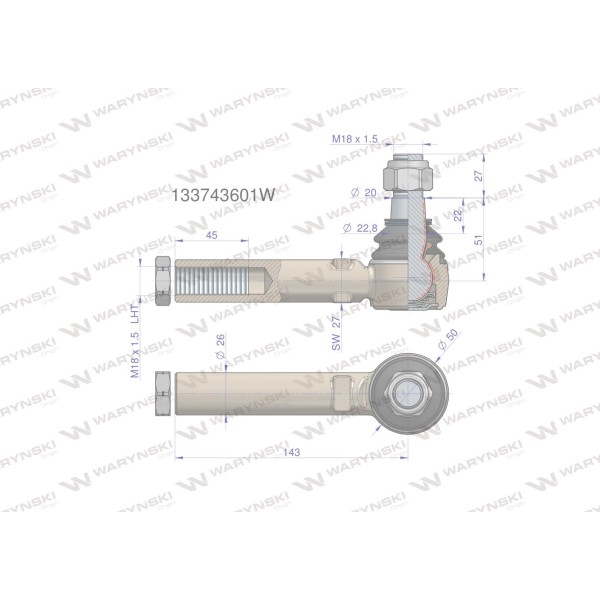 Przegub kierowniczy 143mm - 18x1,5L 133743601W | Exvi