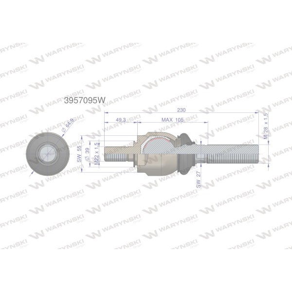 Przegub kierowniczy 230mm- M22x1.5 M28x1.5 3957095W | Exvi
