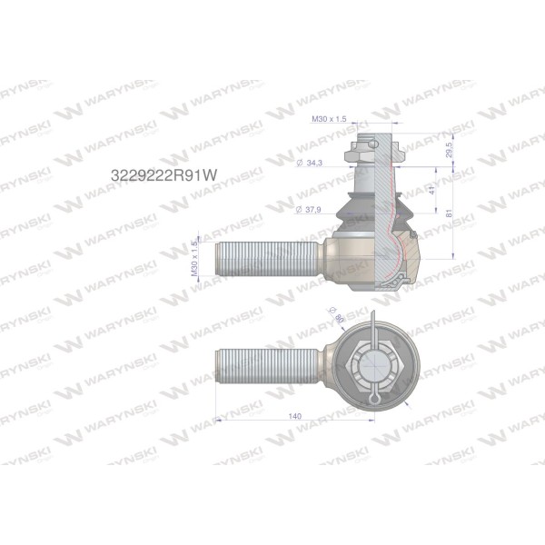 Przegub kierowniczy 140mm - M30x1,5 3229222R91W | Exvi