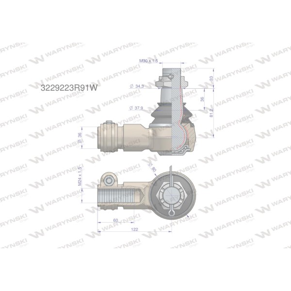 Przegub kierowniczy 122mm - M24x1,5 3229223R91W | Exvi