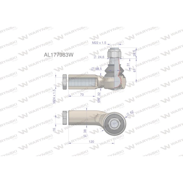 Przegub kierowniczy lewy 120mm - M24x1,5 AL177983W | Exvi