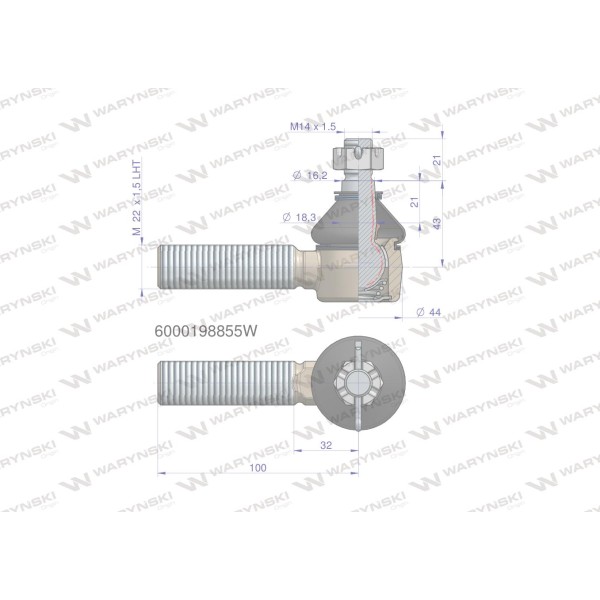 Przegub kierowniczy M22x1.5L 6000198855 6000198855W | Exvi