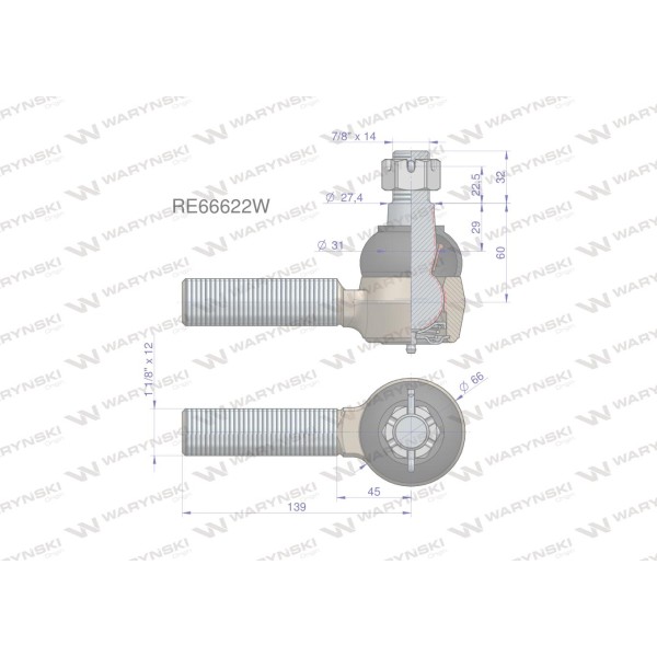 Przegub kierowniczy 139mm - 1 1/8" RE66622 RE66622W | Exvi
