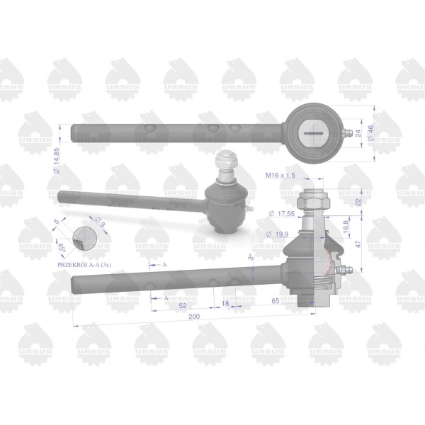 Przegub kulowy lewy MF-3 ORYGINAŁ URSUS 3027647M1U | Exvi
