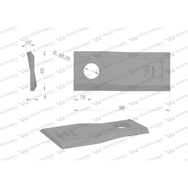 Nóż. nożyk kosiarka lewy 98x40x4mm otwór WKR98X40X4L | Exvi