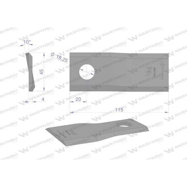 Nóż. nożyk kosiarka lewy 115x45x4mm WKR115X45X4L | Exvi