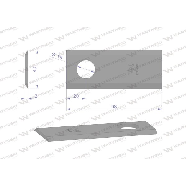 Nóż. nożyk kosiarka 98X40X3mm otwór 19 WKR98X40X3/1 | Exvi