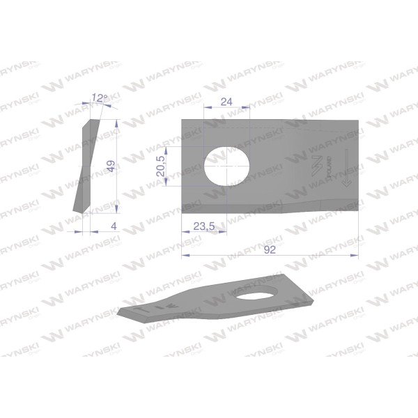 Nóż. nożyk kosiarka prawy 92x48x4mm WKR92X48X4P | Exvi