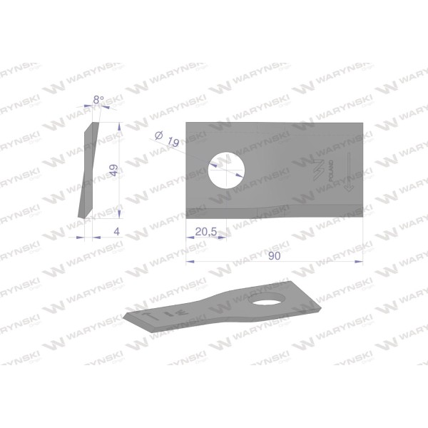 Nóż. nożyk kosiarka prawy 90x48x4mm WKR90.5X48X4P | Exvi