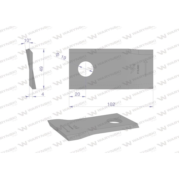Nóż. nożyk kosiarka lewy 102x48x4mm WKR102X48X4L | Exvi
