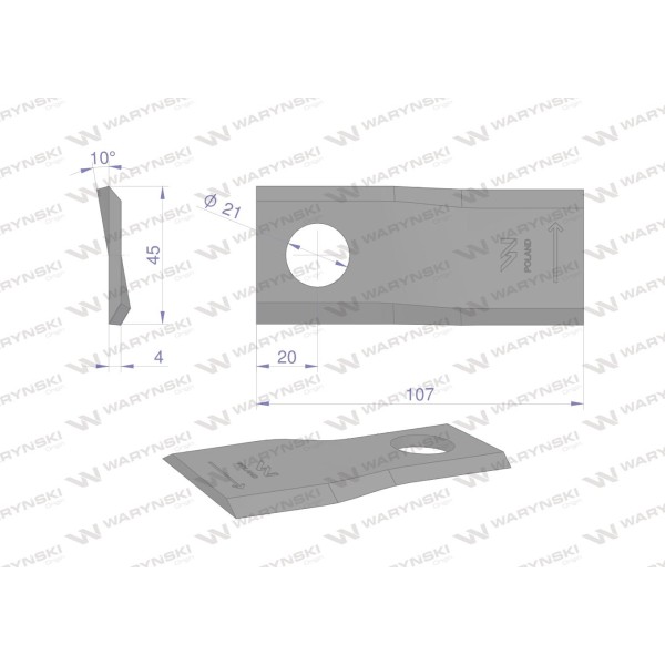 Nóż. nożyk kosiarka lewy 107x46x4mm WKR107X46X4L | Exvi