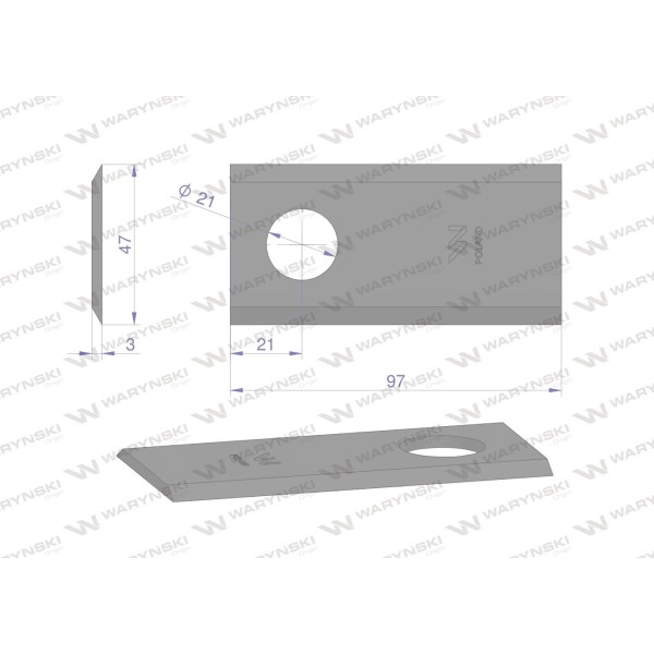 Nóż. nożyk kosiarka 97X47X3mm otwór 21 WKR97X47X3 | Exvi