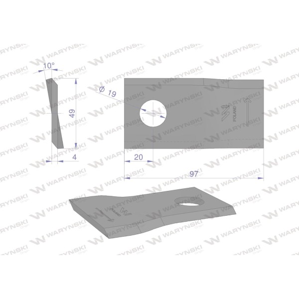 Nóż. nożyk kosiarka lewy 97x48x4mm otwór WKR97X48X4L | Exvi