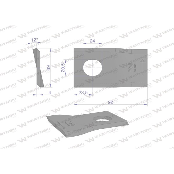Nóż. nożyk kosiarka lewy 92x48x4mm otwór WKR92X48X4L | Exvi