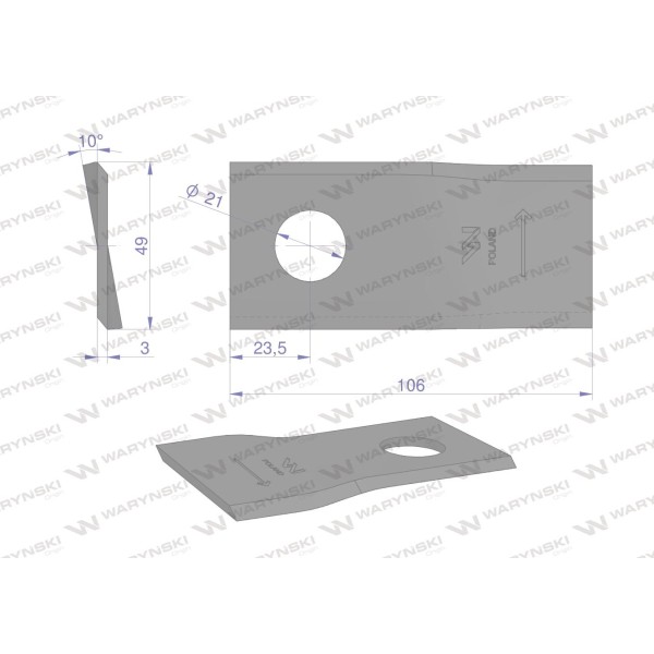 Nóż. nożyk kosiarka lewy 106x48x3mm WKR106X48X3L | Exvi