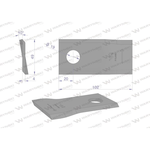 Nóż. nożyk kosiarka lewy 102x48x4mm WKR102X48X4L/1 | Exvi