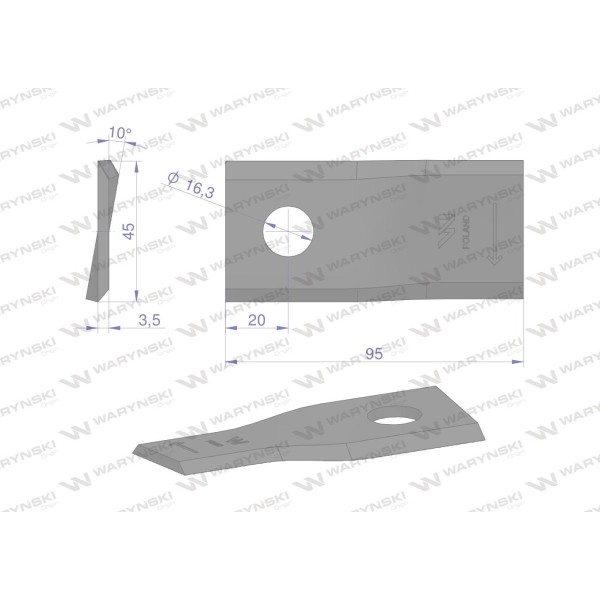 Nóż. nożyk kosiarka prawy 95x46x3,5mm WKR95X46X3.5P | Exvi