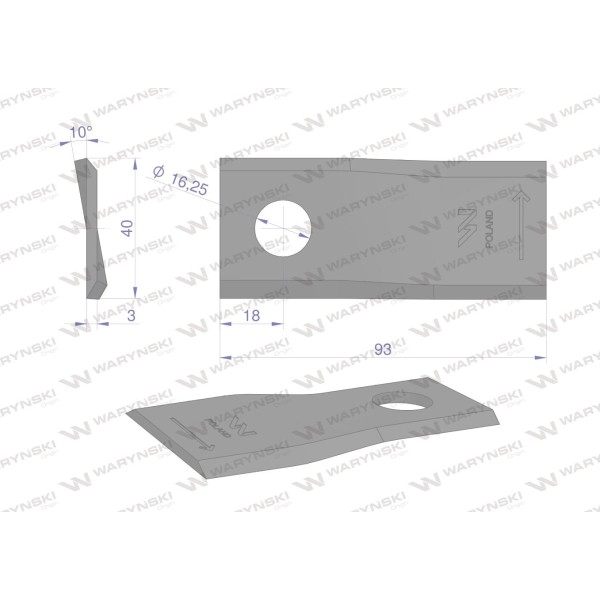 Nóż. nożyk kosiarka lewy 93x40x3mm otwór WKR93X40X3L | Exvi