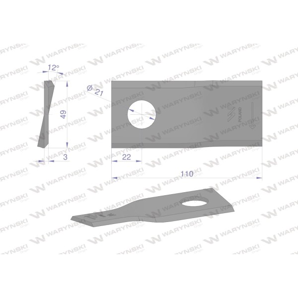 Nóż. nożyk kosiarka prawy 110x48x3mm WKR110X48X3P | Exvi