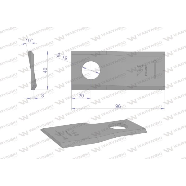 Nóż. nożyk kosiarka lewy 96x40x3mm otwór WKR96X40X3L | Exvi