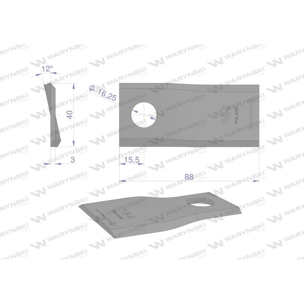 Nóż. nożyk kosiarka lewy 88x40x3mm otwór WKR88X40X3L | Exvi