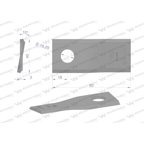 Nóż. nożyk kosiarka prawy 93x40x3mm WKR93X40X3P | Exvi