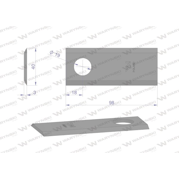 Nóż. nożyk kosiarka 98X40X3mm otwór 19 WKR98X40X3 | Exvi