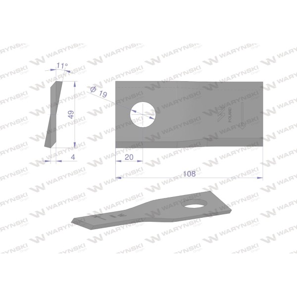Nóż. nożyk kosiarka prawy 108x47x4mm WKR108X47X4P | Exvi
