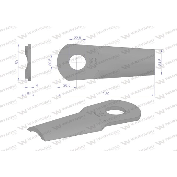 Nóż. nożyk kosiarka gięty 132X50X4mm WKR132X50X4 | Exvi