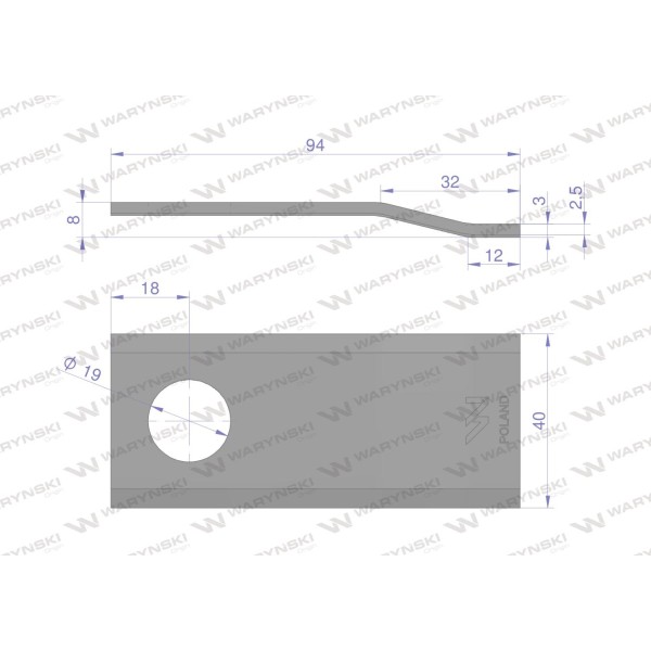 Nóż. nożyk kosiarka gięty 94X40X3mm WKR94X40X3/1 | Exvi