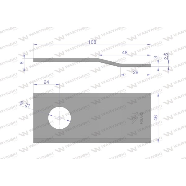 Nóż. nożyk kosiarka gięty 108x46x3mm WKR108X46X3/2 | Exvi