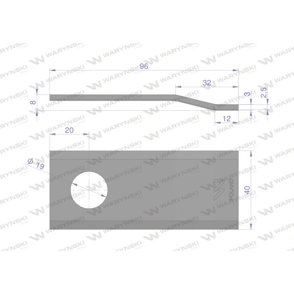 Nóż. nożyk kosiarka gięty 96X40X3mm WKR96X40X3G | Exvi