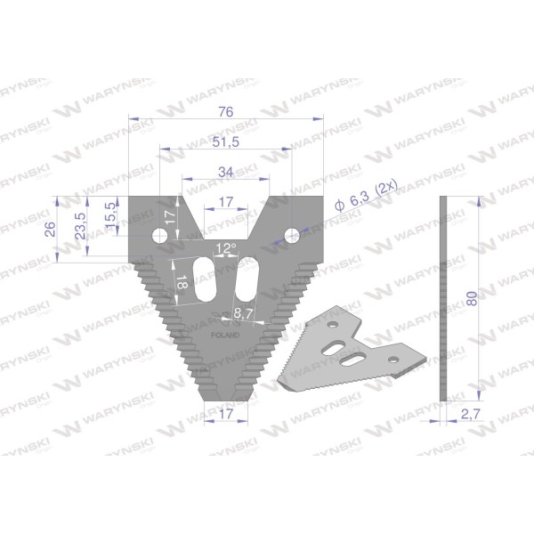 Nóż żniwny 80x76x2.8mm otwór 6.5 WKZ80X76X2.8 | Exvi