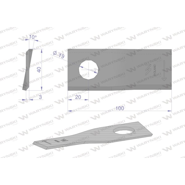 Nóż. nożyk kosiarka prawy 100X40X3mm WKR100X40X3P/1 | Exvi