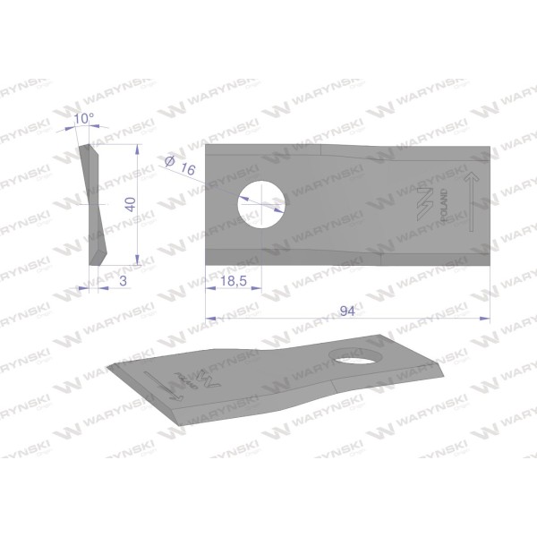 Nóż. nożyk kosiarka lewy 94X40X3mm otwór WKR94X40X3L | Exvi
