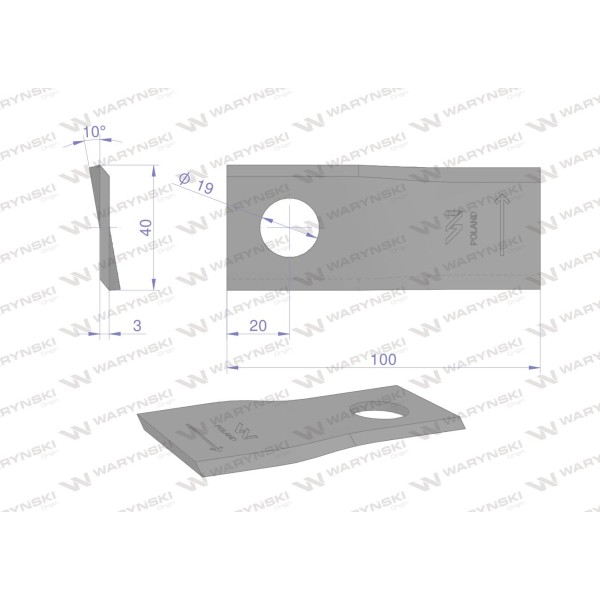 Nóż. nożyk kosiarka lewy 100X40X3mm WKR100X40X3L/1 | Exvi