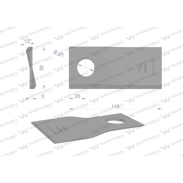 Nóż. nożyk kosiarka lewy 110x50x3mm WKR110X50X3L | Exvi