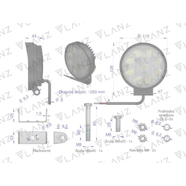 Lampa robocza okrągła 27W 9 LED GLANZ L0076G | Exvi