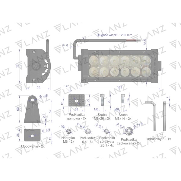 Lampa robocza prostokątna 36W 12 LED GLANZ L0118G | Exvi