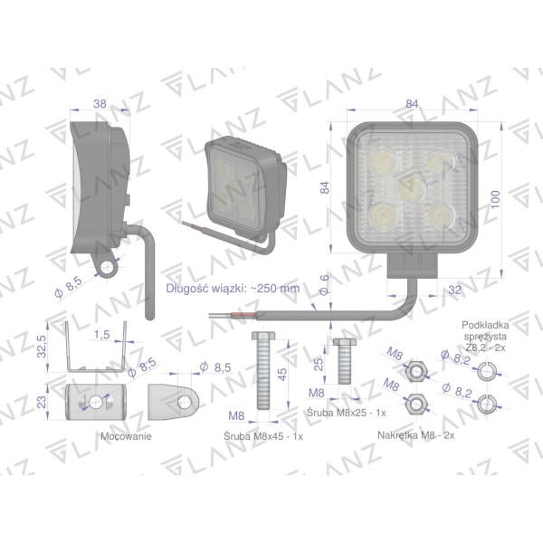 Lampa robocza kwadratowa mini 15W 5 LED GLANZ L2204G | Exvi