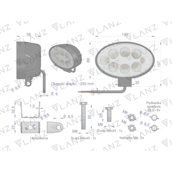 Lampa robocza elipsa 24W 8 LED GLANZ L0109G | Exvi